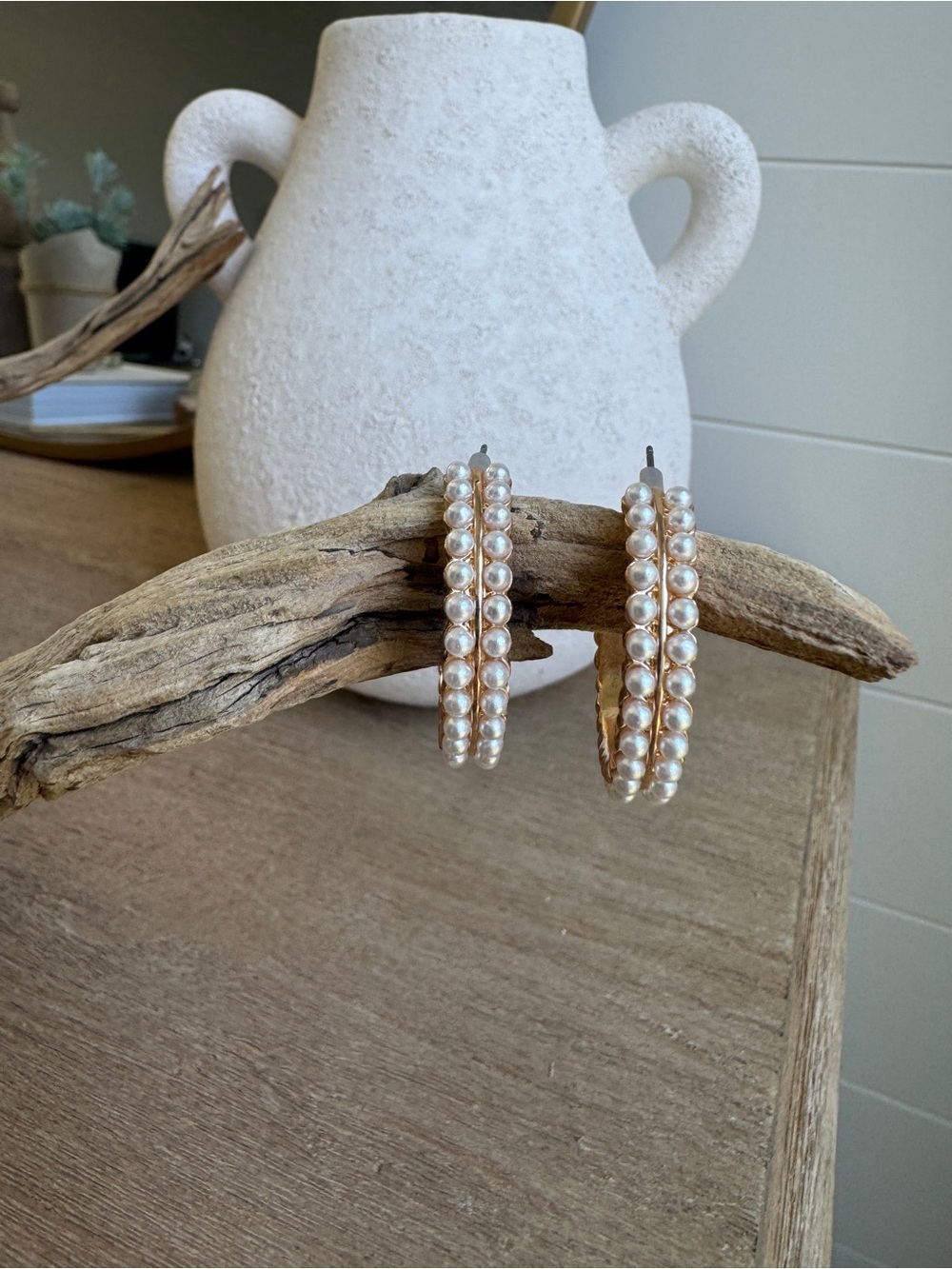 Gold Tone Faux Pearl Double Row Hoop Earrings Statement